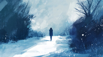 Solitary figure walking on a snowy path in a blue-toned landscape