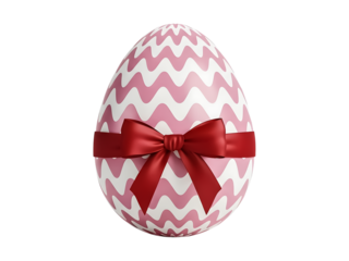 Pink and white easter egg with red ribbon isolated on transparent background