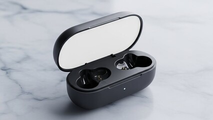 Sleek black wireless earbud charging case open on marble surface