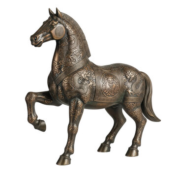 Beautifully crafted bronze horse sculpture featuring intricate designs and patterns symbolizing elegance and cultural heritage.