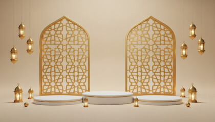 Luxury 3D Ramadan Kareem podium with golden crescent, lanterns, and elegant Islamic patterns.