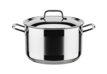 A gleaming, polished stainless steel stockpot with sturdy handles and a matching lid, isolated on a transparent background with copy space, high-key studio light, concept for product photography