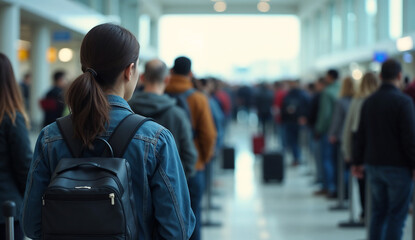 Long queues at passport control in busy airport terminals.