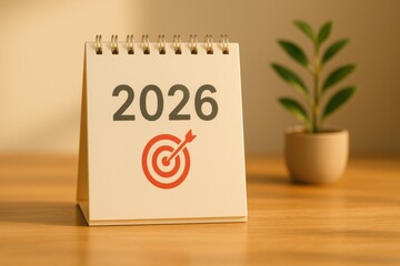 Planning goal budget 2026 concept with calendar and target symbol on wooden table with plant in background