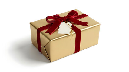 Obraz premium Elegant gold gift box wrapped in metallic paper with red velvet ribbon and blank white tag isolated