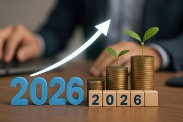 Budget planning and goal setting for 2026 show financial growth with stacked coins and upward arrow symbolizing success and investment progress