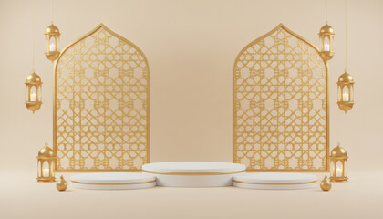 Luxury 3D Ramadan Kareem podium with golden crescent, lanterns, and elegant Islamic patterns.
