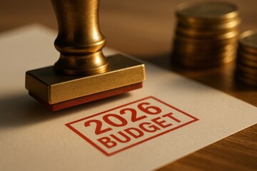 Budget planning goal for 2026 stamped on paper with golden stamp and coins in background symbolizing financial success and strategy