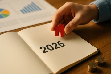 Budget planning goal for 2026 shown with hand holding red house figure on notebook with financial charts and coins nearby