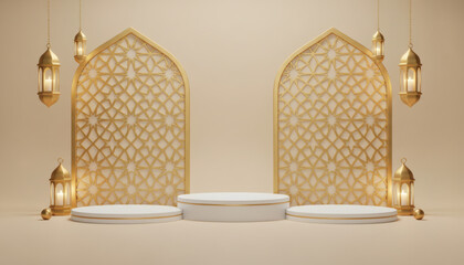 Luxury 3D Ramadan Kareem podium with golden crescent, lanterns, and elegant Islamic patterns.