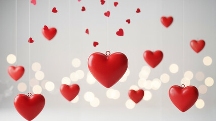 Red hearts hanging in air with bright bokeh background  