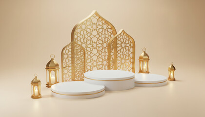 Luxury 3D Ramadan Kareem podium with golden crescent, lanterns, and elegant Islamic patterns.