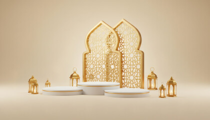 Luxury 3D Ramadan Kareem podium with golden crescent, lanterns, and elegant Islamic patterns.