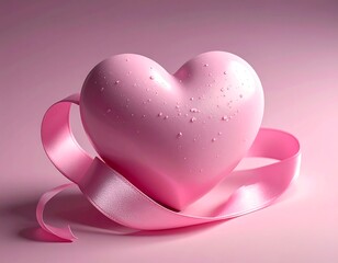Pink heart, wrapped in flowing ribbon, on soft, pale pink background