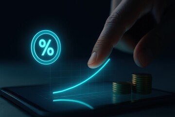 Financial budget planning goal for 2026 shown by rising percentage graph on digital screen with coins and finger pointing upward
