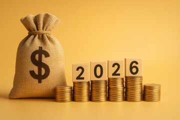 Money bag budget planning goal 2026 concept with stacked coins and wooden blocks showing year 2026 for financial success and saving