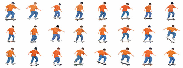 Dynamic vector illustration showing a young male skateboarder performing multiple skateboarding poses and movements isolated on a white background. © Cristina