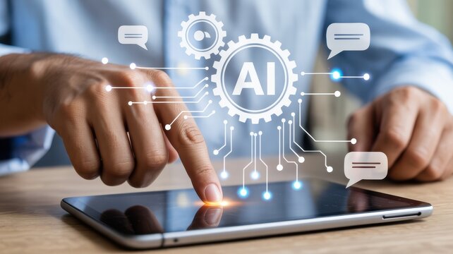 Businessman interacting with artificial intelligence on a tablet for digital transformation and innovation - Powered by Adobe