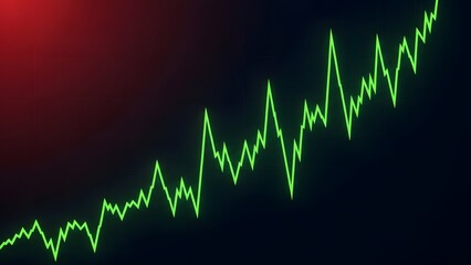 Green stock market graph trending upwards on a dark background with red highlight