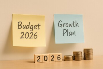 Budget 2026 and growth plan notes with wooden blocks and stacked coins symbolize financial planning and goal setting for 2026 success and budget
