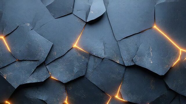 Dark stone texture cracking apart, revealing bright orange glowing light from within, an abstract background showing volcanic heat and powerful energy
