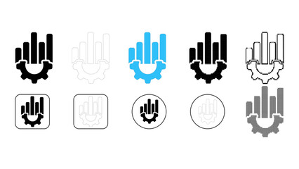 Analytics gear data process system icon set in solid line dot pixelated colourful styles