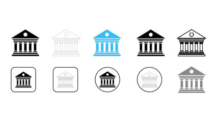 Bank building institution finance government icon set in solid line dot pixelated colourful styles