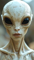 Close-up Portrait of a Grey Alien with Large Black Eyes.
