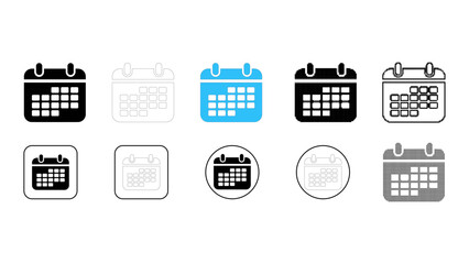Calendar schedule icon set showing date planning system in solid line dot pixelated colourful style for productivity too