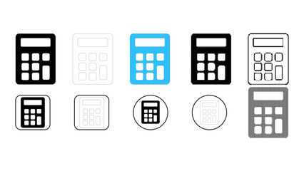 Calculator finance accounting math tool icon set in solid line dot pixelated colourful styles