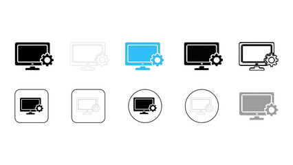 Computer settings icon set for desktop system configuration in solid line dot pixelated colourful style for software UI