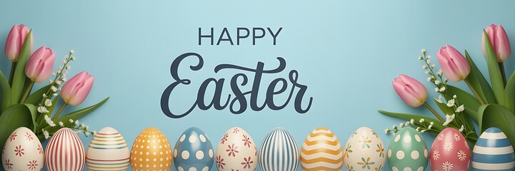 Happy easter greeting with colorful eggs and tulips on blue background