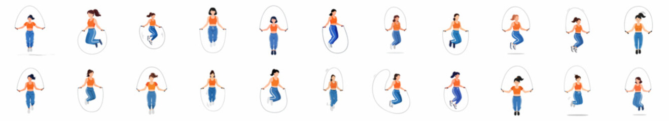 Vector illustration set of women performing jump rope exercise, showcasing various skipping poses and healthy cardio workout movements on a white background. © Cristina