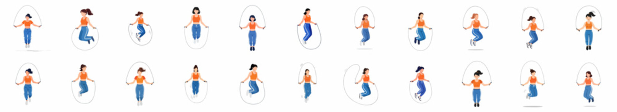 Vector illustration set of women performing jump rope exercise, showcasing various skipping poses and healthy cardio workout movements on a white background.