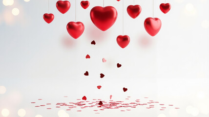 Red hearts cascading from above with scattered petals on white background  