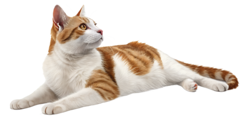 Realistic domestic cat, full body, lying down pose, relaxed natural position, realistic proportions, clean detailed fur texture, soft studio lighting, eye level view, centered composition, isolated on