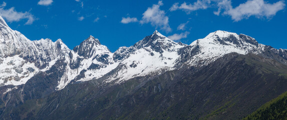 Aerial view of beautiful high altitude snow capped mountain and forest landscape