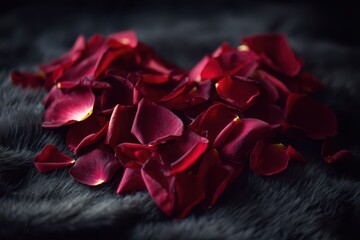 Heart made of red rose petals on dark fabric for romantic decor