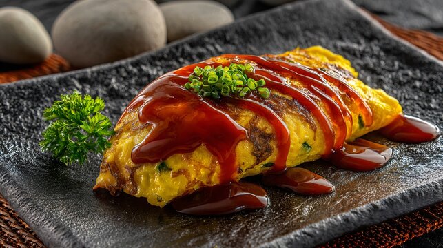 Mini omurice portion styled as tasting plate, macro lens, textured stone background