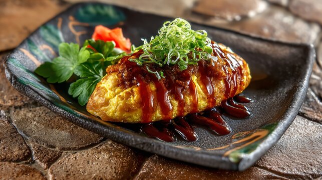 Mini omurice portion styled as tasting plate, macro lens, textured stone background