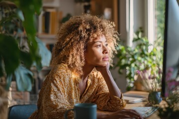 Home office scene: woman looking at monitor and using a computer mouse