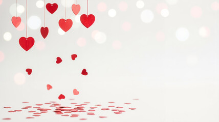 Hanging red hearts with scattered confetti on white background  