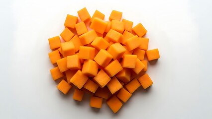 A vibrant pile of diced carrots on a white surface