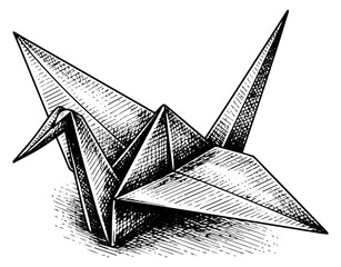 Fototapeta premium Hand drawn line art illustration of an origami crane depicting a traditional paper bird for art and design