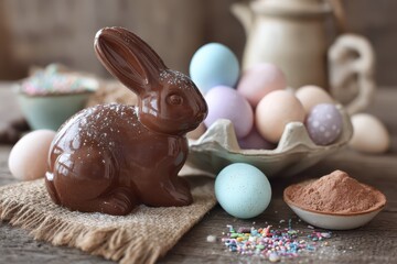 Homemade style chocolate bunny and candy eggs on rustic backdrop with warm light