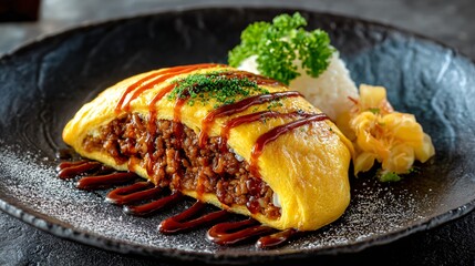 Omurice half-wrapped, half-exposed rice, intentional imperfection styling