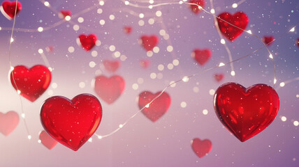 Red hearts hanging with fairy lights on purple background  