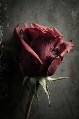 Industrial-inspired rose art with ink splatters and weathered textures