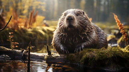 Wet Beaver on Mossy Log in Autumn Sunlight