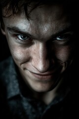 Intense head-and-shoulders portrait of a youthful male with a menacing grin